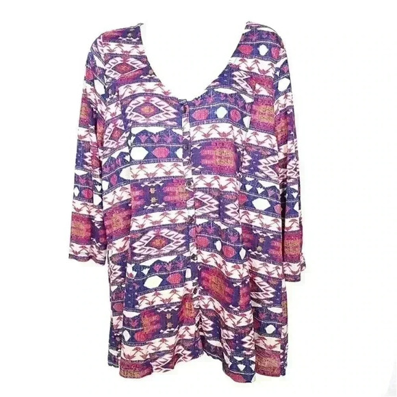 Lucky Brand Top Tunic Multicolor Women's Large 3/4Sleeve Scoop Neck Button Front - Picture 1 of 3